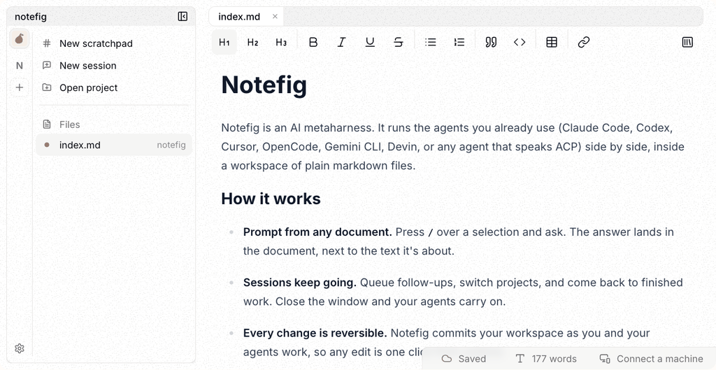 The Notefig editor with a markdown document open beside the project sidebar
